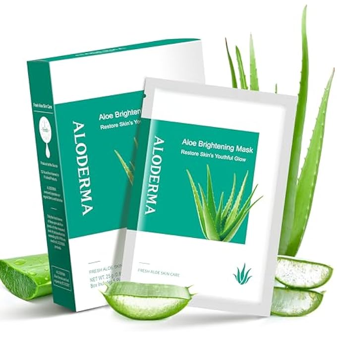 Aloderma BRIGHTENING FACIAL MASKS WITH 88% ORGANIC ALOE VERA - 5 PACK FACIAL MASKS FOR WOMEN & MEN WITH NIACINAMIDE & LICORICE FOR RADIANT SKIN - EVENS SKIN TONE & REVITALIZES DRY, DULL, TIRED SKIN - Image 1